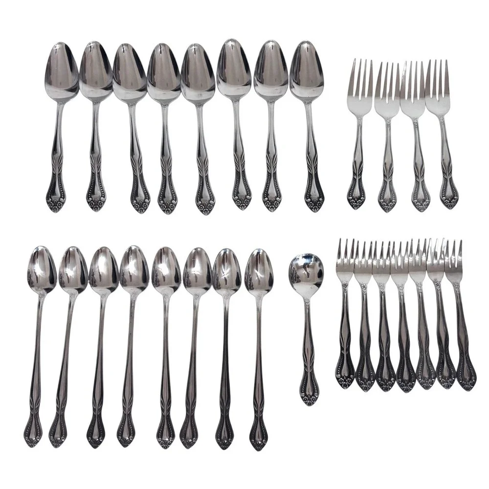 Vintage 28 Piece Lifetime Stainless Steel Silverware Flatware Set Korea Floral
